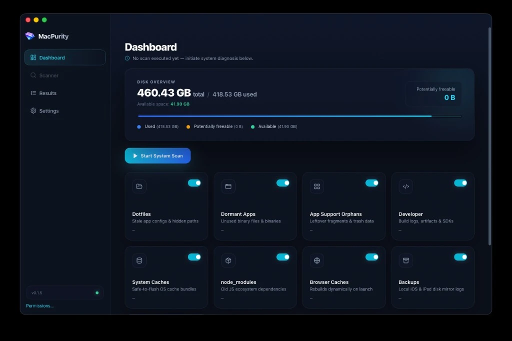 MacPurity dashboard showing disk usage, scan categories, and Start System Scan