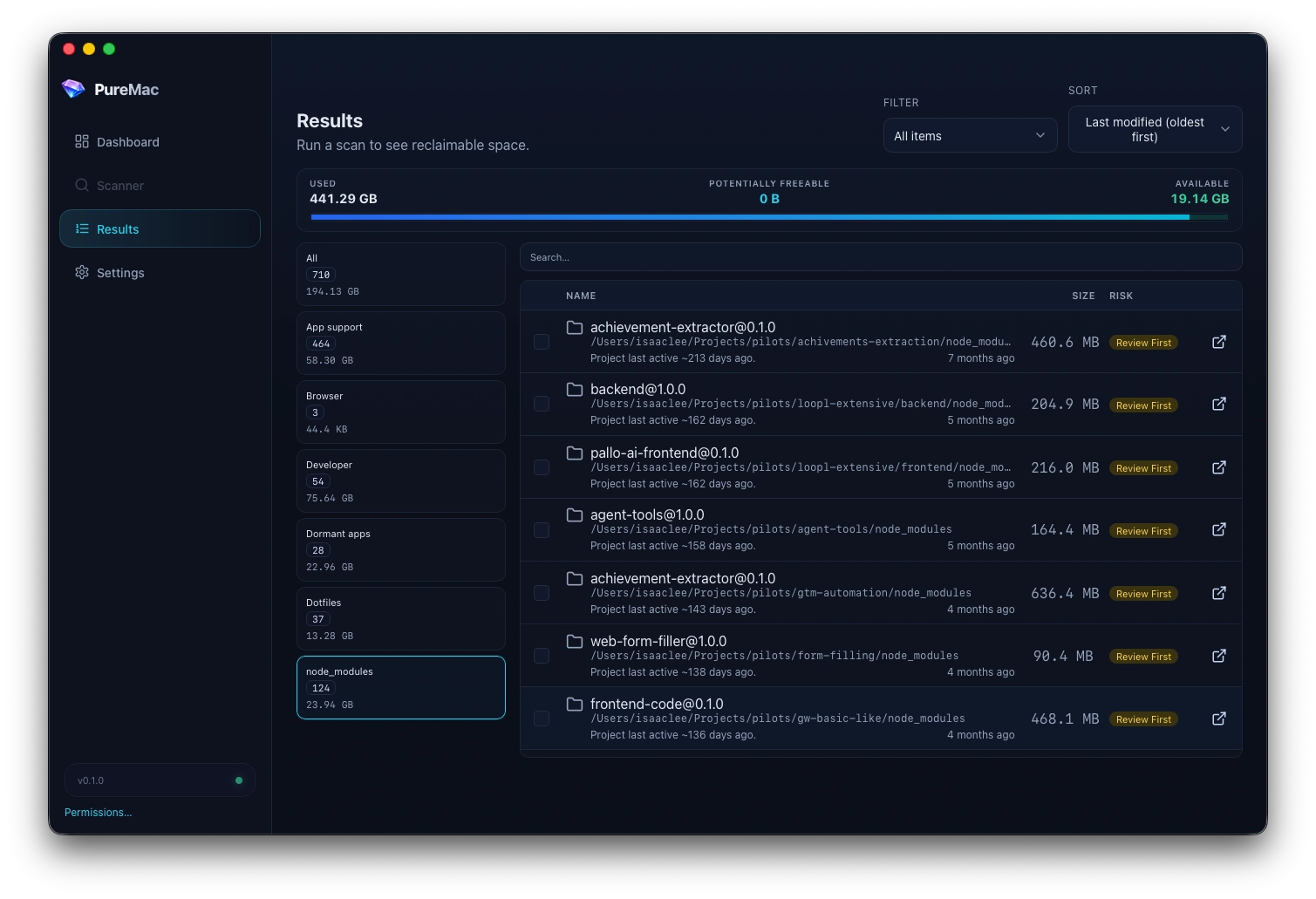 PureMac scan results showing node_modules and other dev folders by size